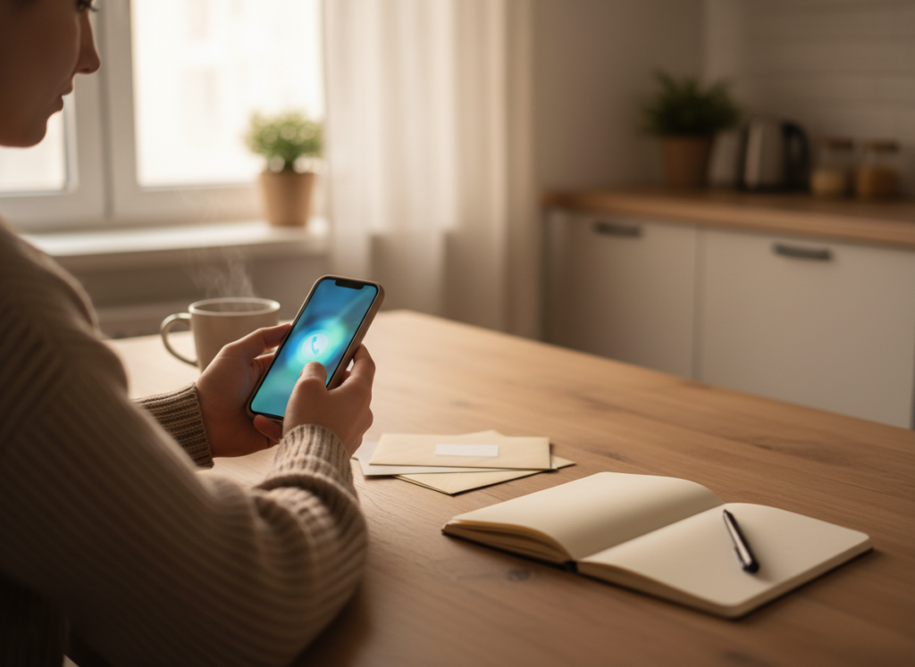 Person sitting at a wooden kitchen table, holding a smartphone with a call screen visible, near an open notebook and envelopes.