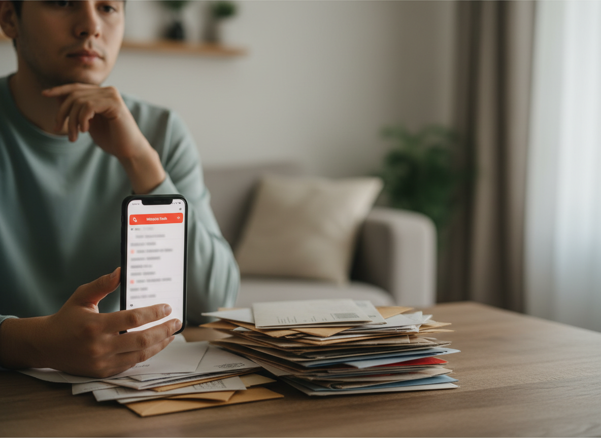 Person in a teal shirt sits at a table, holding a phone displaying a messaging app beside a pile of envelopes.