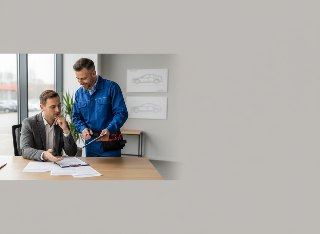 Two men discuss paperwork at a table: a businessman in a suit and a mechanic in blue coveralls reviewing documents together in a workshop setting with car sketches on the wall.