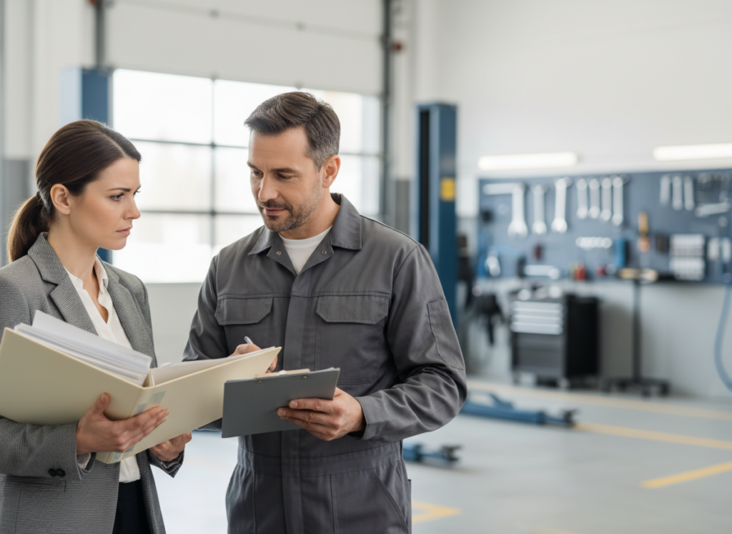 Two professionals review documents in a bright auto shop, one in a blazer and the other in gray coveralls.