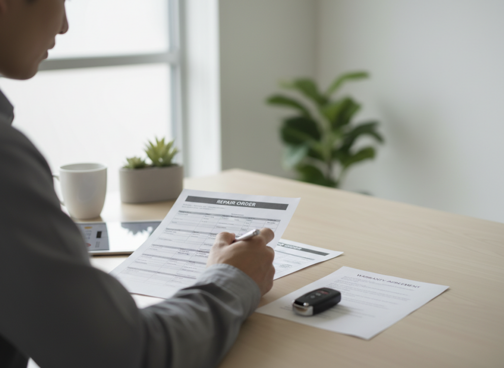 A person fills out a repair order form at a light wood desk, with a car key fob placed on the nearby paper and plants in the background
