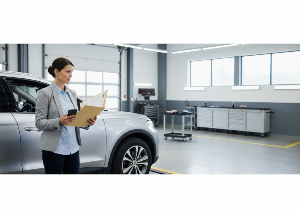 Professional woman in a blazer holds a clipboard and smartphone beside a silver SUV in an auto repair shop.