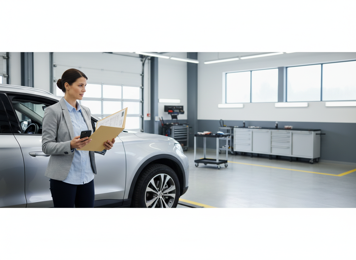 Professional woman in a blazer holds a clipboard and smartphone beside a silver SUV in an auto repair shop.