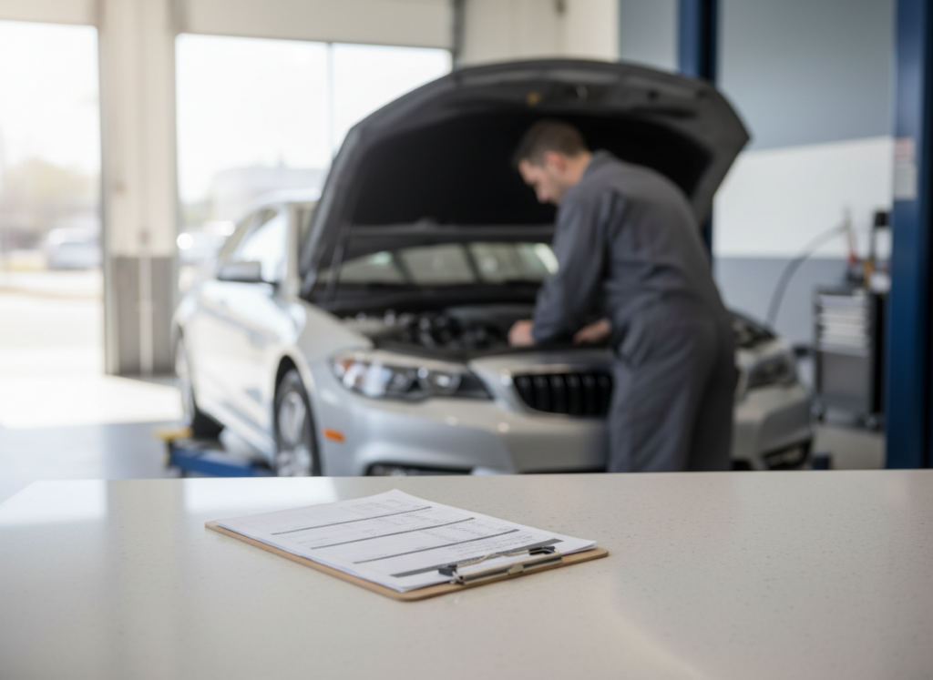 A mechanic inspects the engine of a silver car with the hood up in a repair shop, while a clipboard sits on the foreground counter.