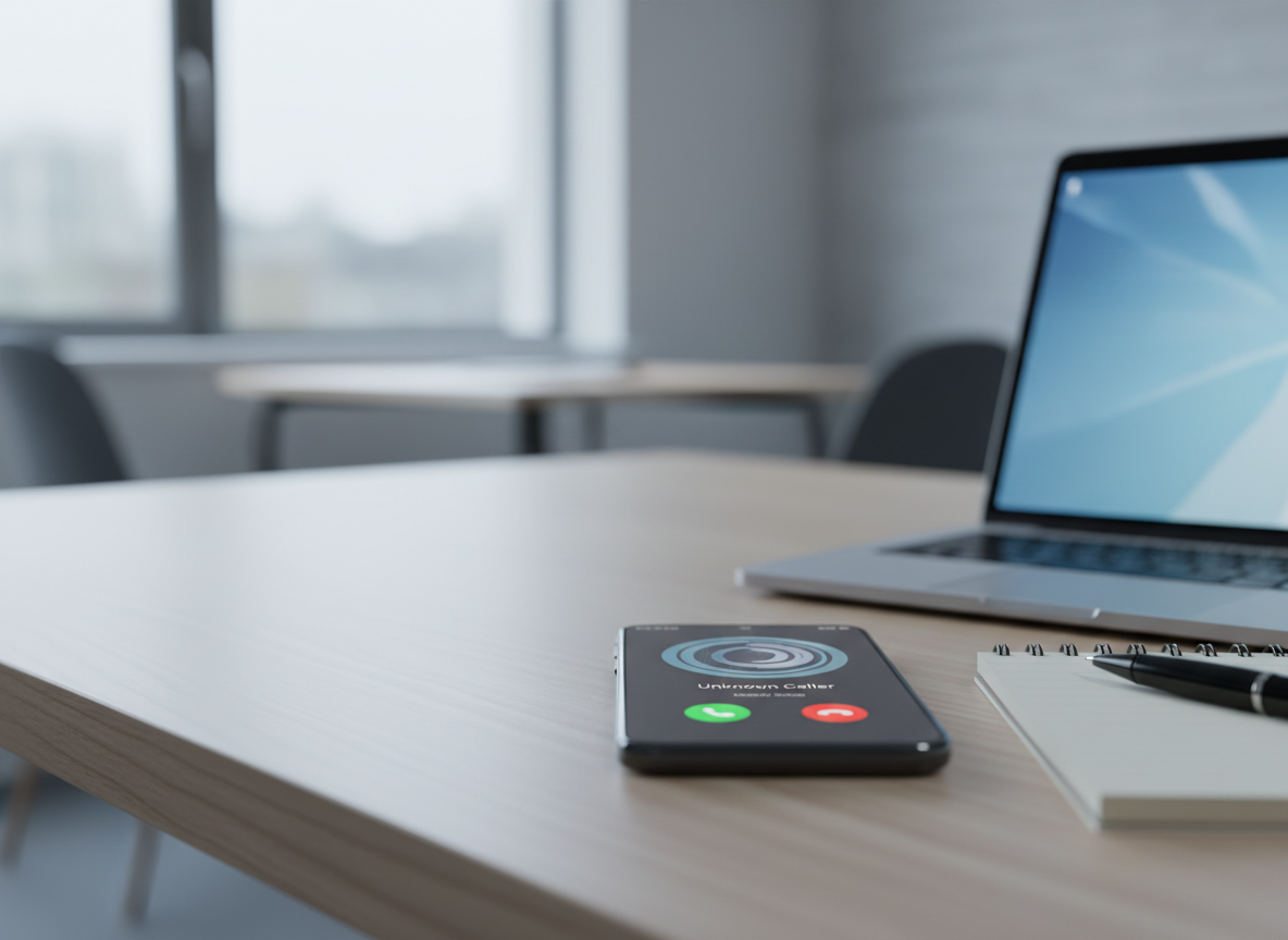 Smartphone on a wooden desk showing an incoming call screen, with a laptop, notebook, and pen nearby in a bright office.