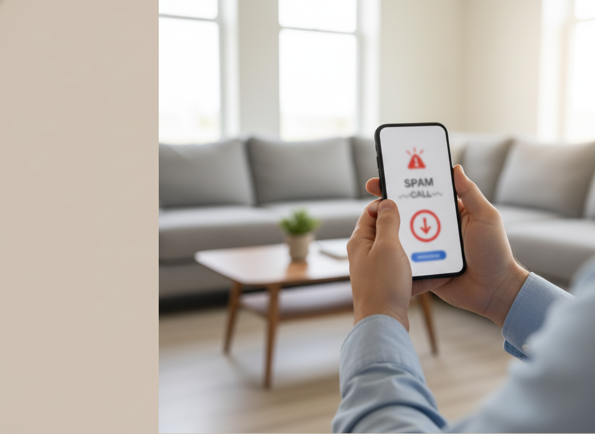 Phone screen shows a spam call warning with a red alert icon, held over a living room sofa and coffee table in soft daylight.