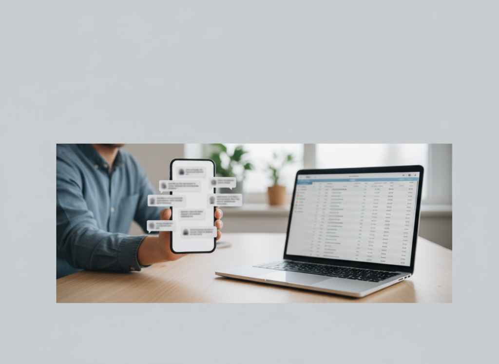 Person in a blue shirt holds a smartphone showing floating chat bubbles while a laptop on the desk displays a spreadsheet-like interface in the background.
