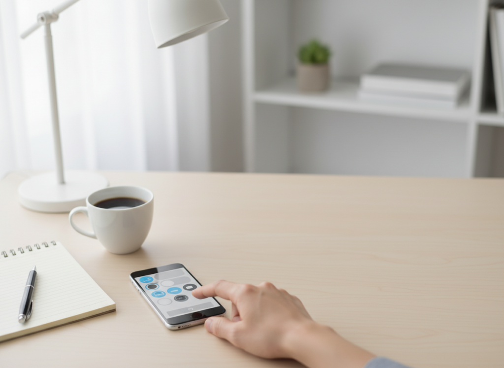 Hand tapping a smartphone on a light wooden desk beside a notebook and a cup of coffee at a tidy workspace.