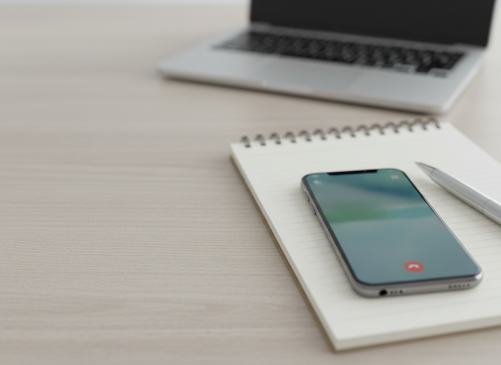 A smartphone lies on a lined notebook with a pen beside it on a light wooden desk, with a laptop in the blurred background.