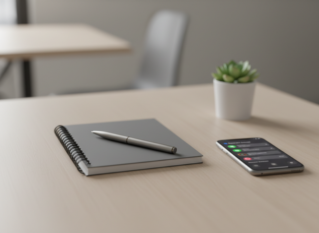 Desk scene with a gray spiral notebook, silver pen, and a smartphone face-up on a light wood table, plus a small potted plant nearby (informative).