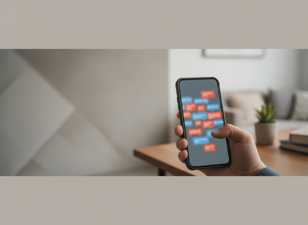 Person holds a smartphone with colorful blurred chat bubbles on screen in a home office setting