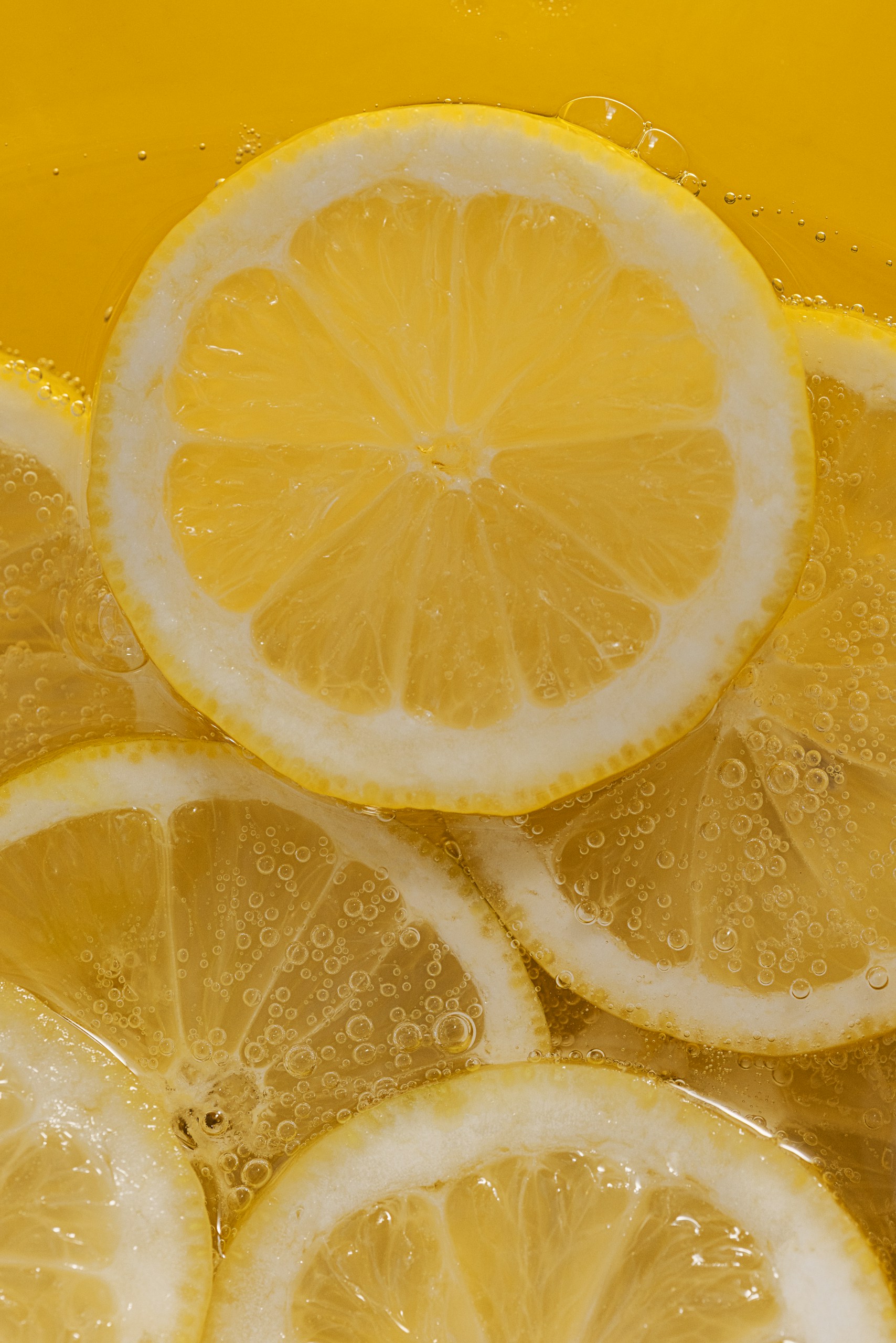 A close up of lemon slices in tonic water. The tonic water has created little bubbles on and around the lemon slices. The image is set against a yellow background.