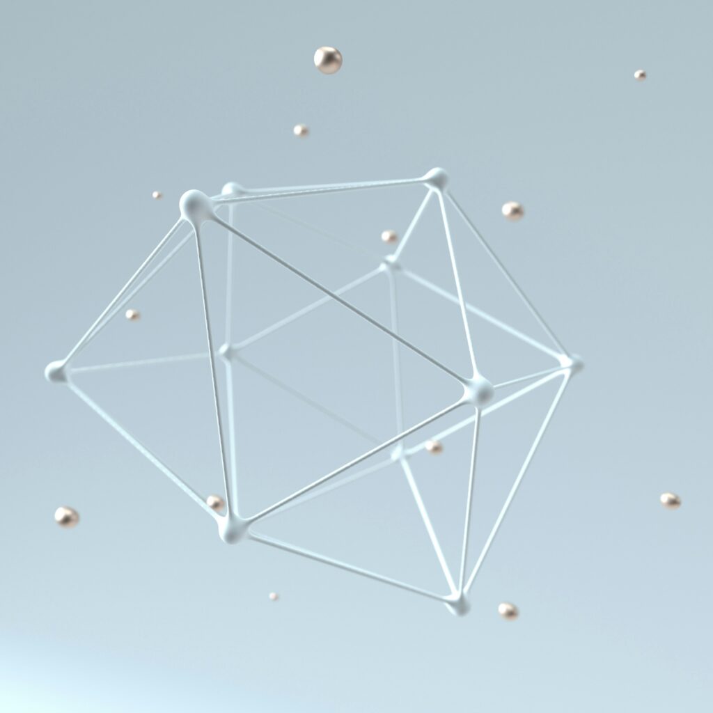 Abstract geometric connect white lines and gold dots.