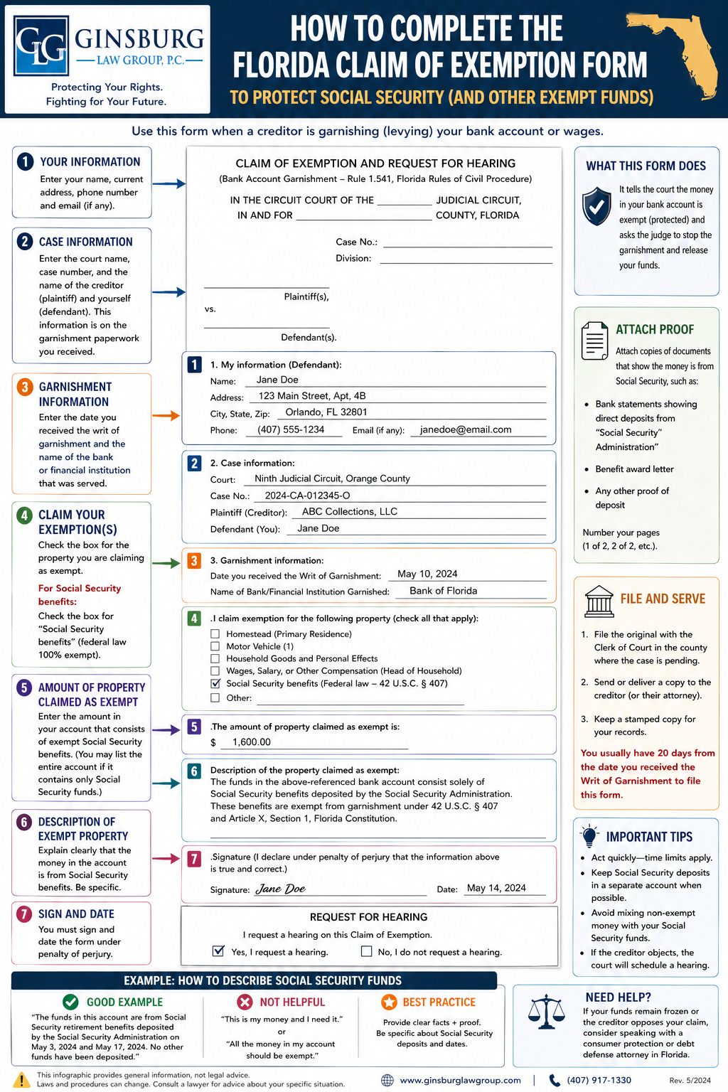Infographic titled 'How to Complete the Florida Claim of Exemption Form' showing a sample form with sections for debtor information, case details, garnishment info, exemption boxes, and side tip panels.
