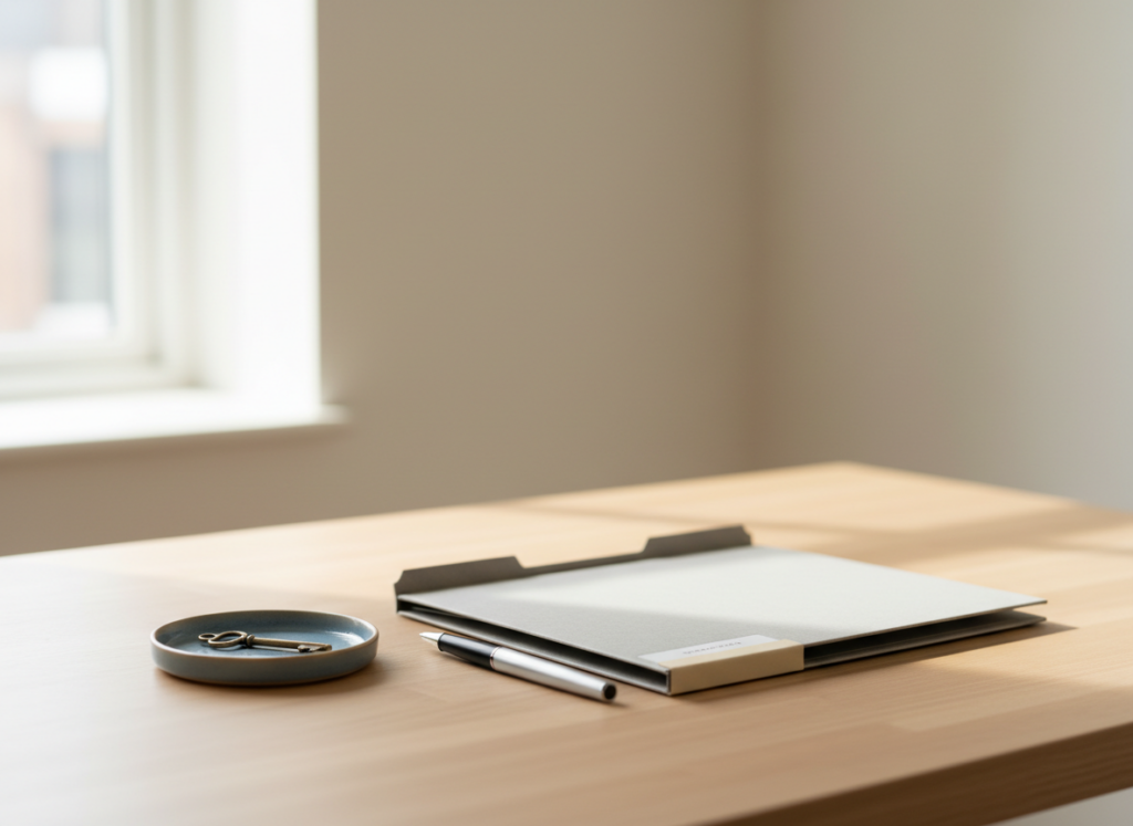 Wooden desk with a gray clipboard/notebook, a silver pen, and a small dish holding keys near a bright window.