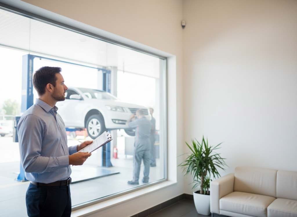 Man with clipboard standing inside a car service center, looking out a large window at a white car on a lift outside.
