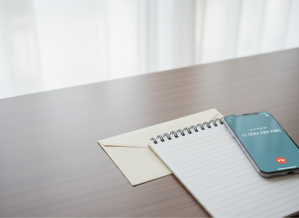 Desk scene with an open spiral notebook, an envelope, and a smartphone displaying an incoming call on the screen.