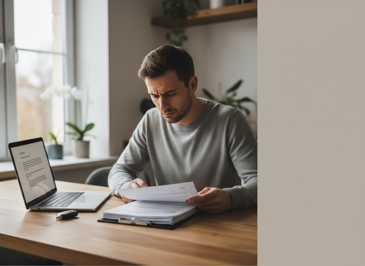 Man in a grey sweater sits at a wooden desk, reading papers with a laptop open beside him in a bright home office.