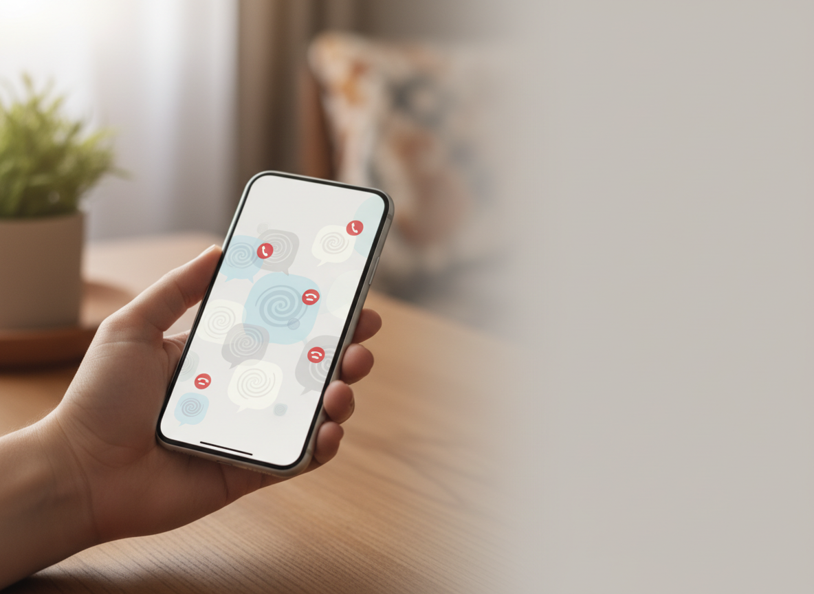 Hand holding a smartphone displaying clustered chat bubbles with red notification dots on the screen.