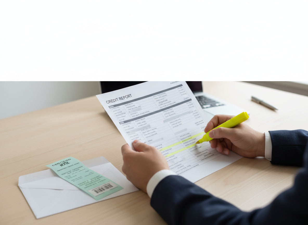 Person in a suit uses a yellow highlighter to mark a line on a credit report at a clean desk, with an envelope and ticket nearby