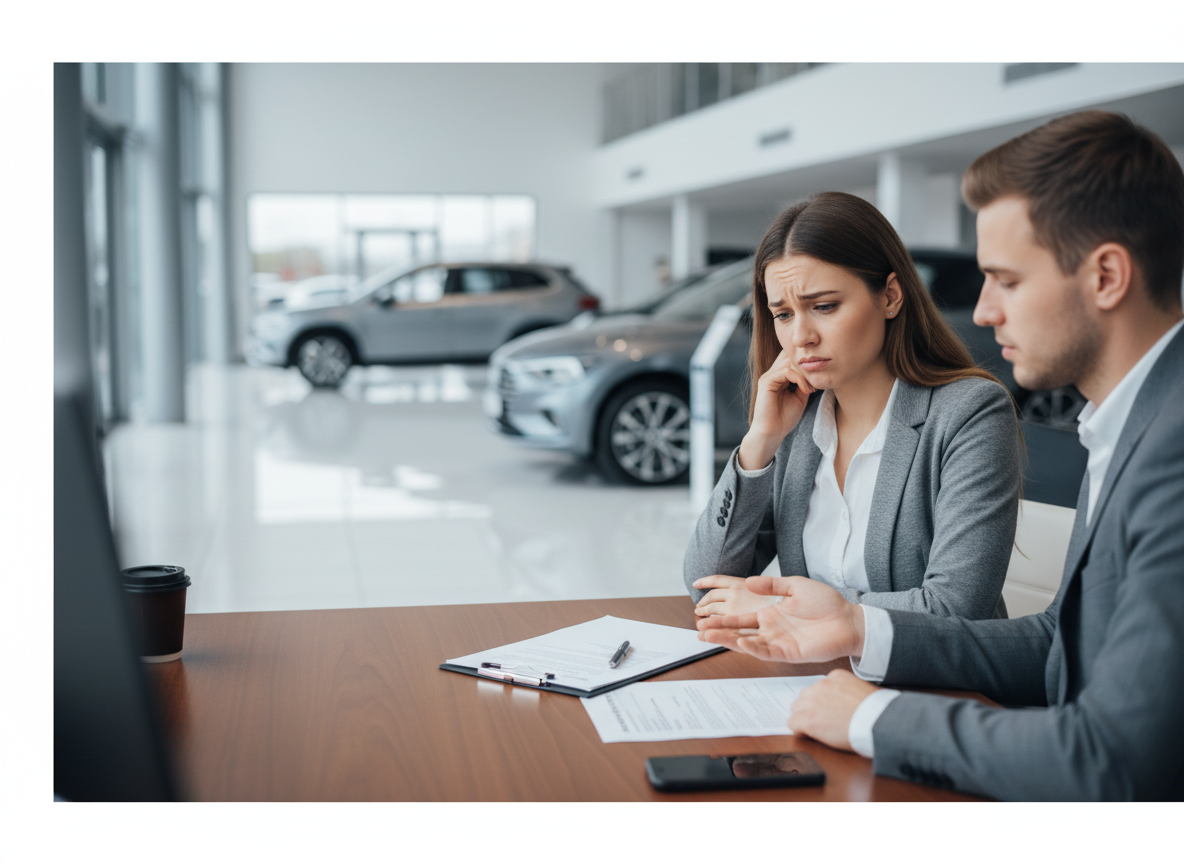 Two professionals discuss documents at a showroom desk, one gesturing while the other looks concerned, with cars in the background.