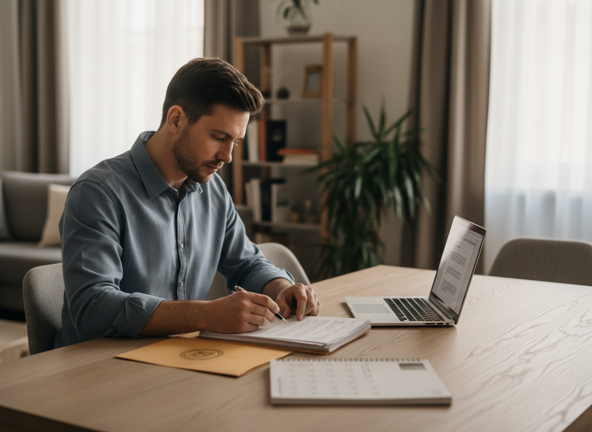 Man in a blue shirt writes on papers at a wooden table, with a laptop, calendar, and envelope nearby in a cozy home office.