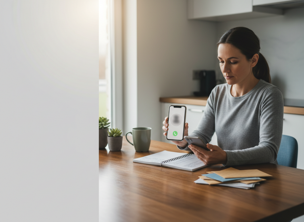 Woman at a wooden desk in a bright home kitchen, holding a smartphone with a visible call screen, with a notebook and envelopes on the table nearby