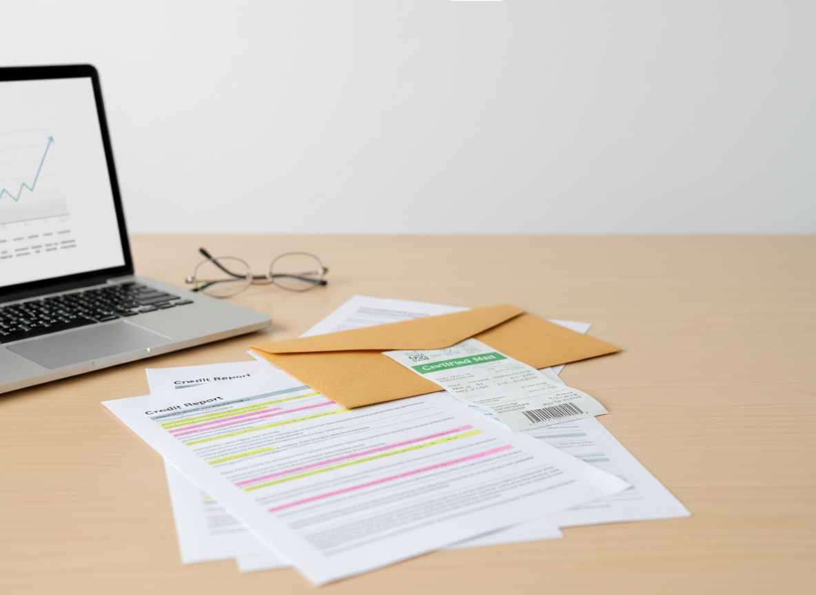Laptop with a rising chart on screen beside scattered invoices and a brown envelope on a wooden desk, with glasses in the background
