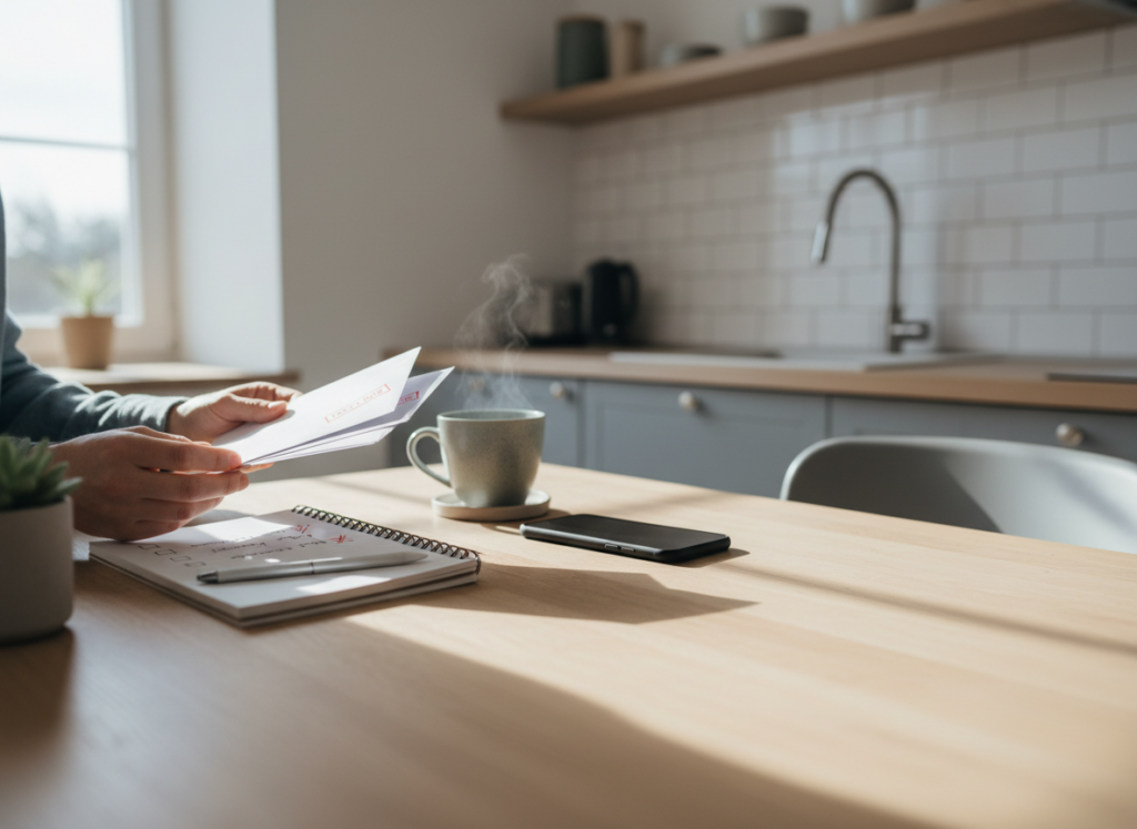 Person at a sunlit kitchen table sorting through papers, with a steaming mug, notebook, pen, and smartphone nearby