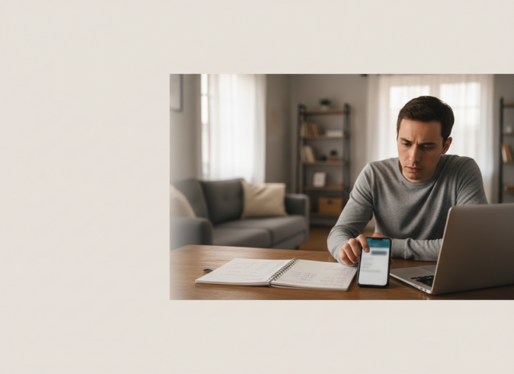 Man at a wooden table with a laptop, open notebook, and a smartphone, looking at the phone screen in a home office setting.
