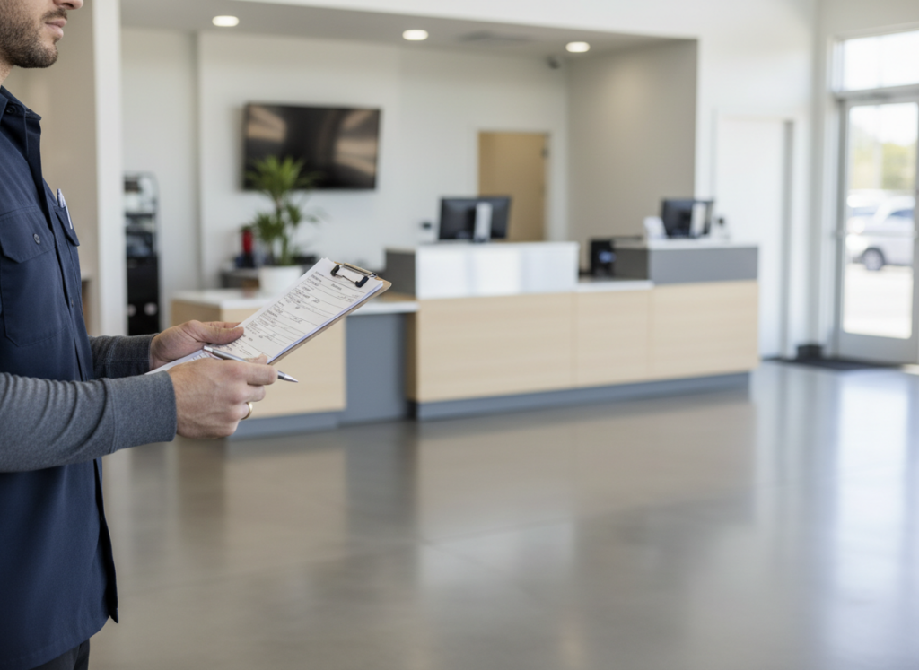 Person in a navy uniform holding a clipboard with a form in a bright reception area in a modern office lobby.