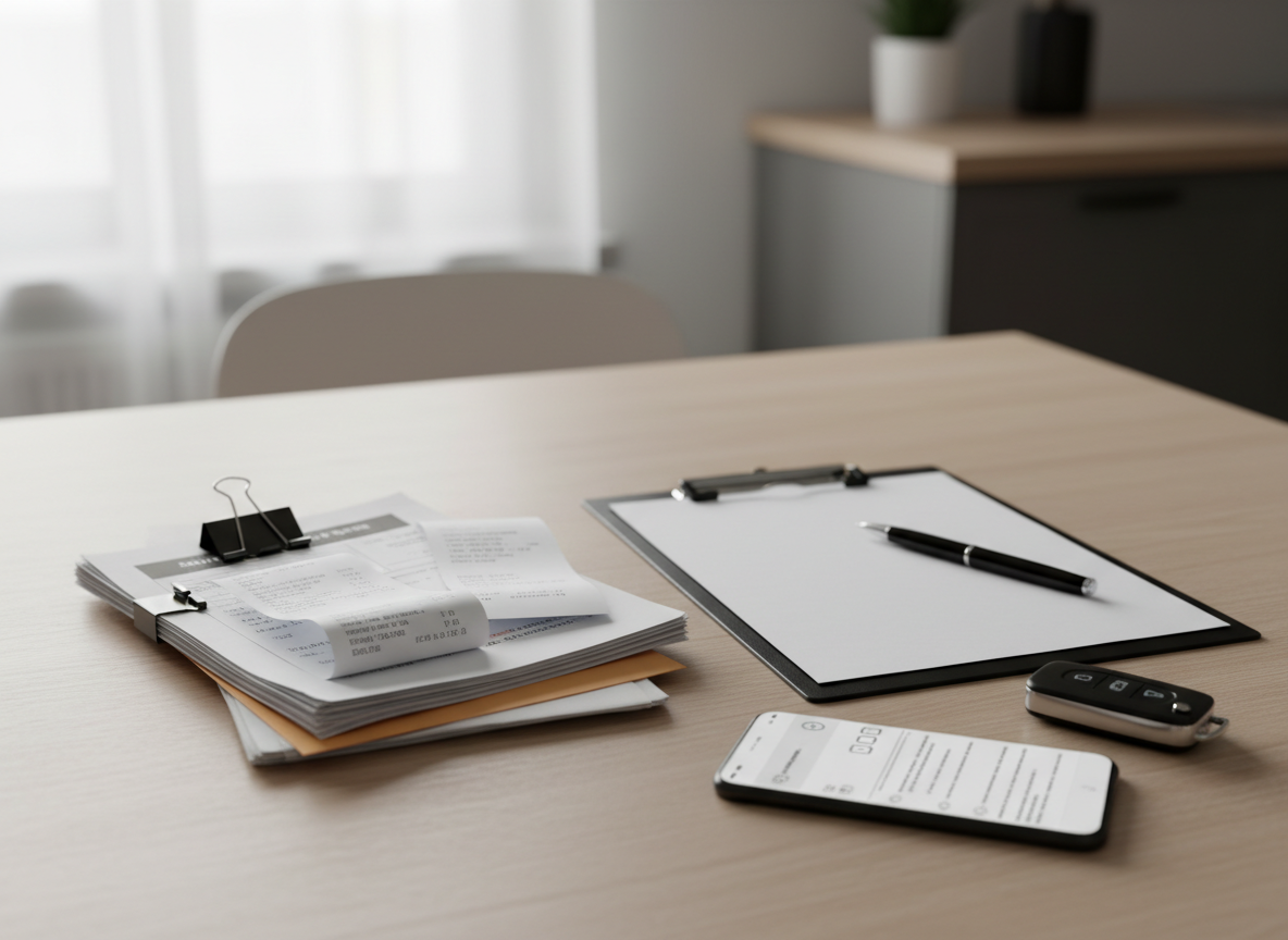 Desk with a stack of receipts and documents clipped, a blank clipboard with a pen, and a smartphone with a car key fob on a light wood surface.