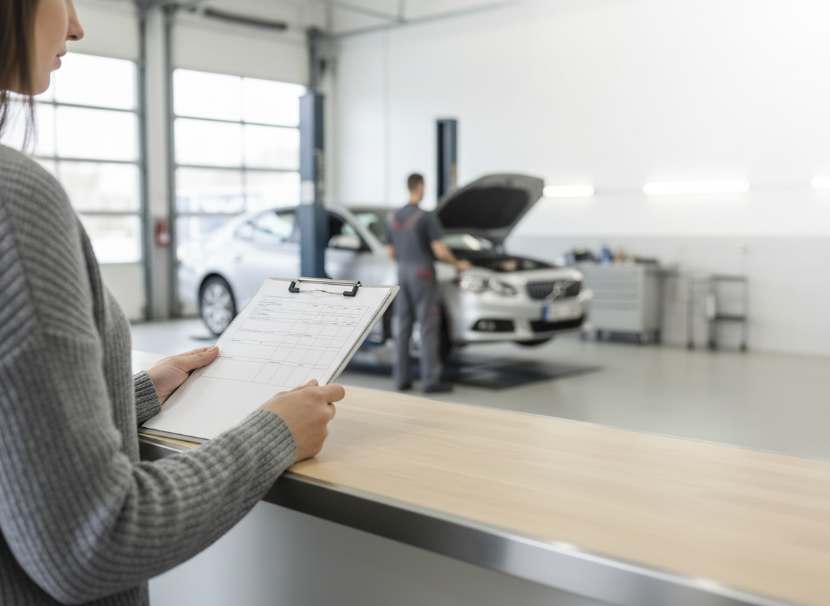 Receptionist at a counter with a clipboard in a car service shop; mechanic works on a car in the background under the hood.