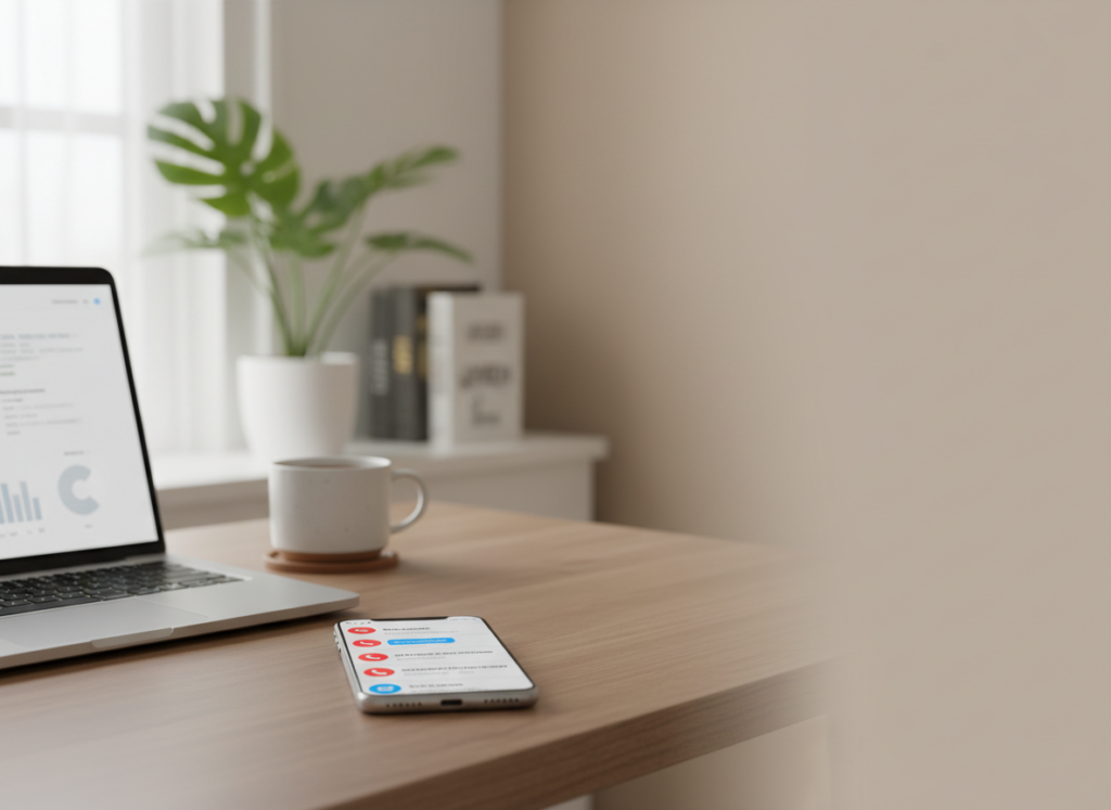 Desk scene with a laptop, a smartphone showing notifications, and a mug on a wooden table; plant and books in the background.