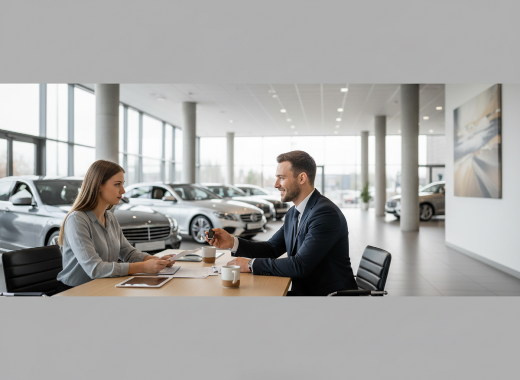 Salesperson in a navy suit discusses car options with a woman customer at a showroom desk, with cars in the background.