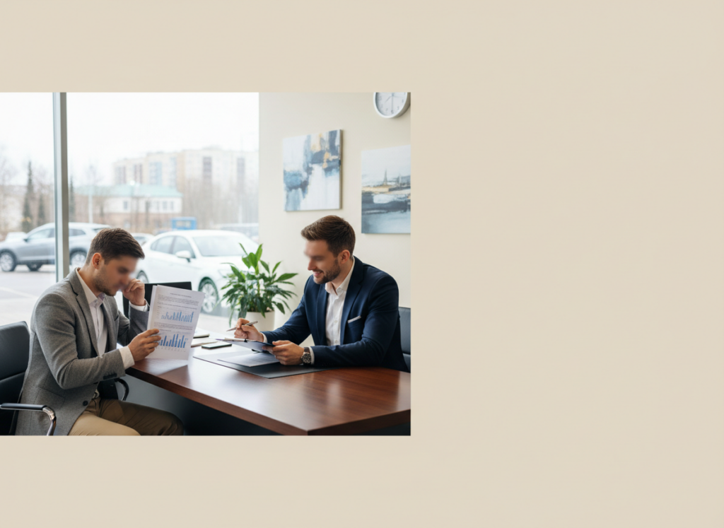 Two businessmen sit at a wooden table in a bright office, reviewing a document with charts.