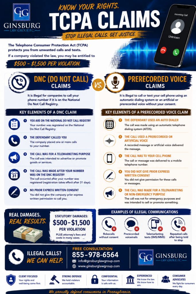 Infographic detailing TCPA claims, comparing DNC and prerecorded voice violations, with contact info for Ginsburg Law Group.