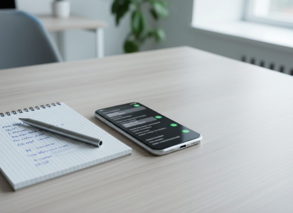 Notebook with handwritten notes and a silver pen on a light wood desk beside a smartphone showing chat messages on screen, in a bright office setting.