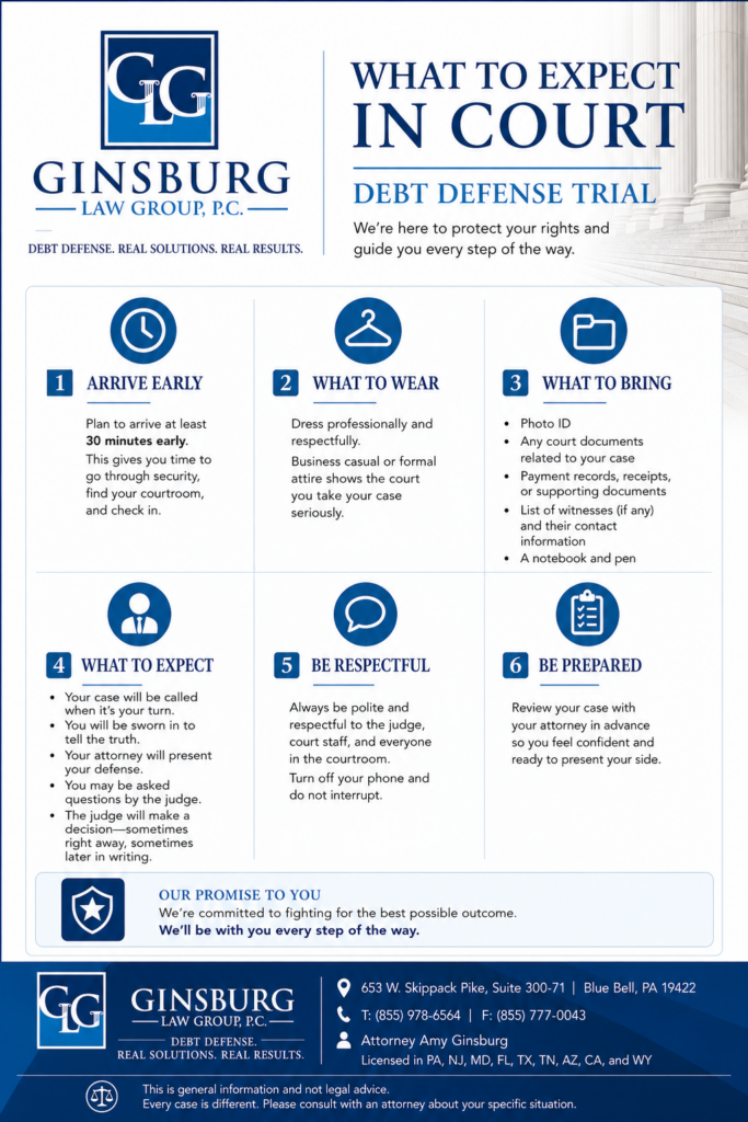 Informational poster for court proceedings: six steps (arrive early, what to wear, what to bring, what to expect, be respectful, be prepared) with blue icons and Ginsburg Law branding.