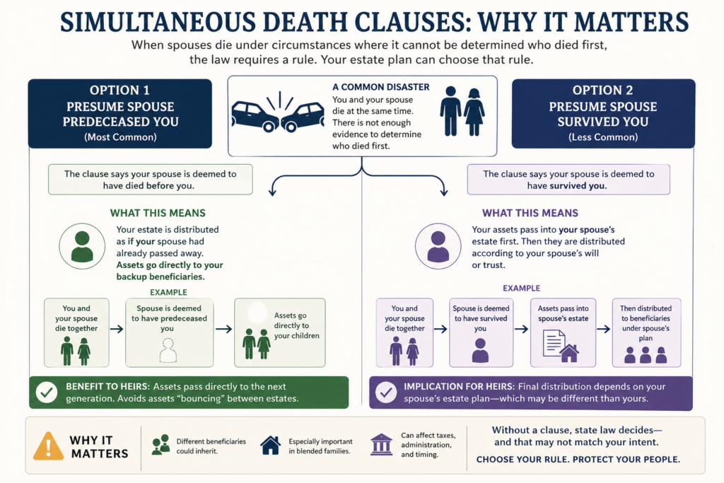 Infographic explaining simultaneous death clauses: Option 1 assumes your spouse dies before you, passing assets to your heirs; Option 2 assumes you survive, assets go to your spouse’s estate and then to beneficiaries over time.