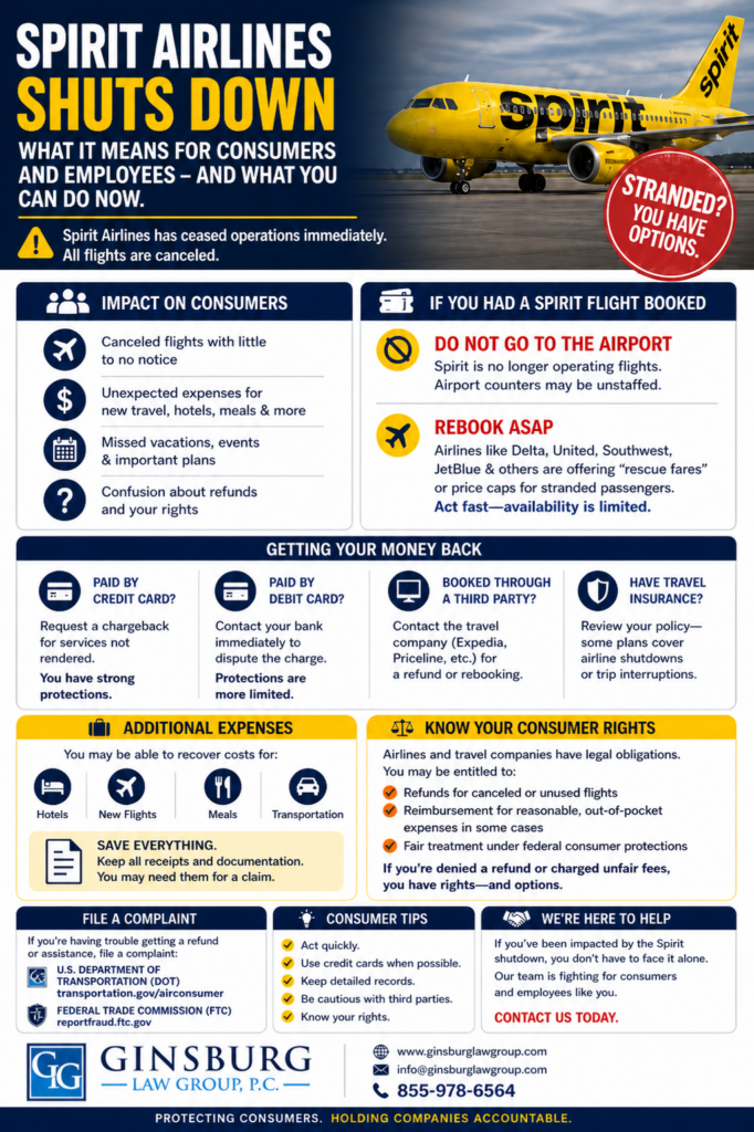 Infographic announcing Spirit Airlines shutdown; yellow plane on tarmac with a red &ldquo;Stranded? You have options&rdquo; badge and sections on refunds, rebooking, and consumer rights.