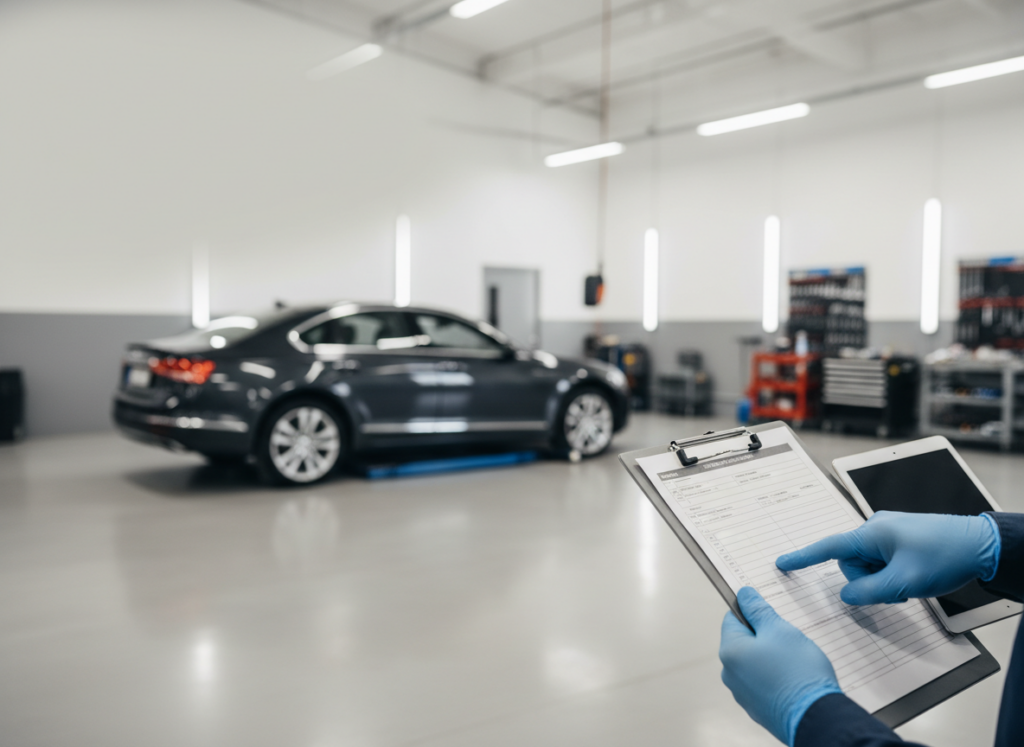 Dark gray sedan on a lift in a bright auto repair shop; technician with clipboard and tablet in foreground.