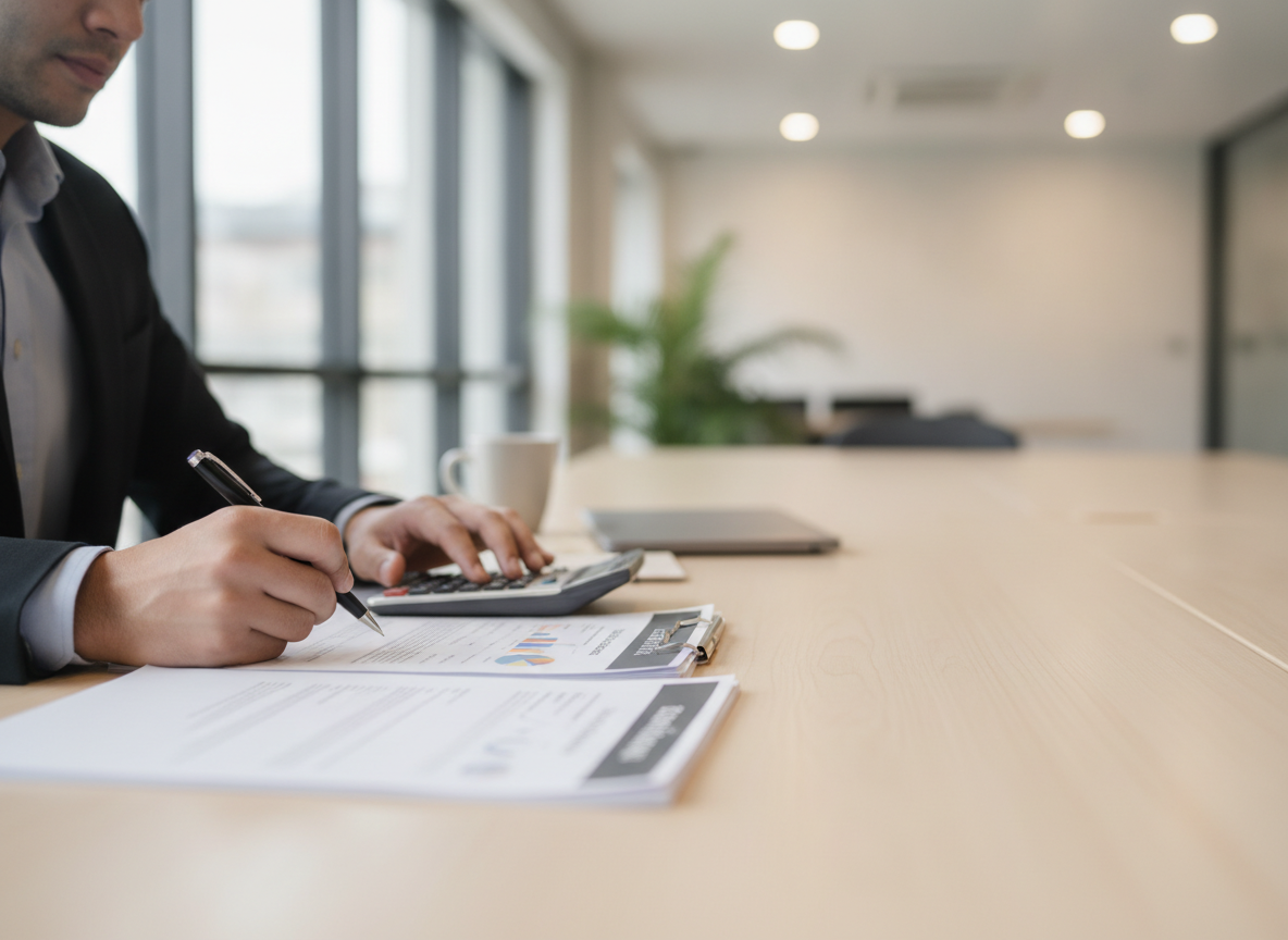 Man in a dark suit signs documents at a long conference table, with a calculator and charts nearby.