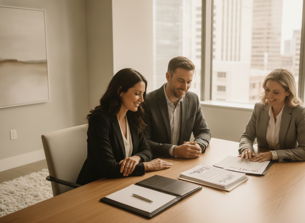 Three professionals in business attire sit at a conference table, reviewing documents and smiling.