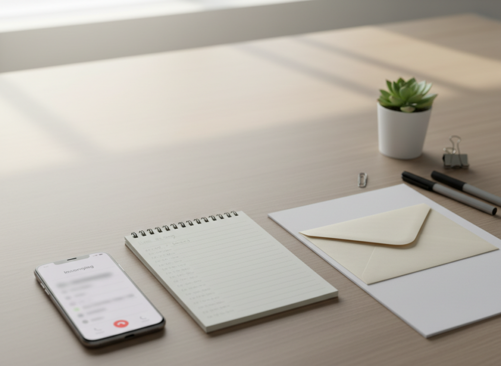 Desk setup with a smartphone, spiral notebook, blank envelope on white sheets, and pens beside a small potted succulent.