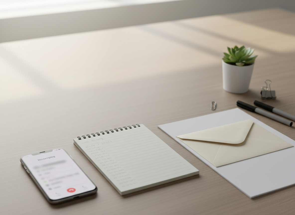 Desk setup with a smartphone, spiral notebook, blank envelope on white sheets, and pens beside a small potted succulent.