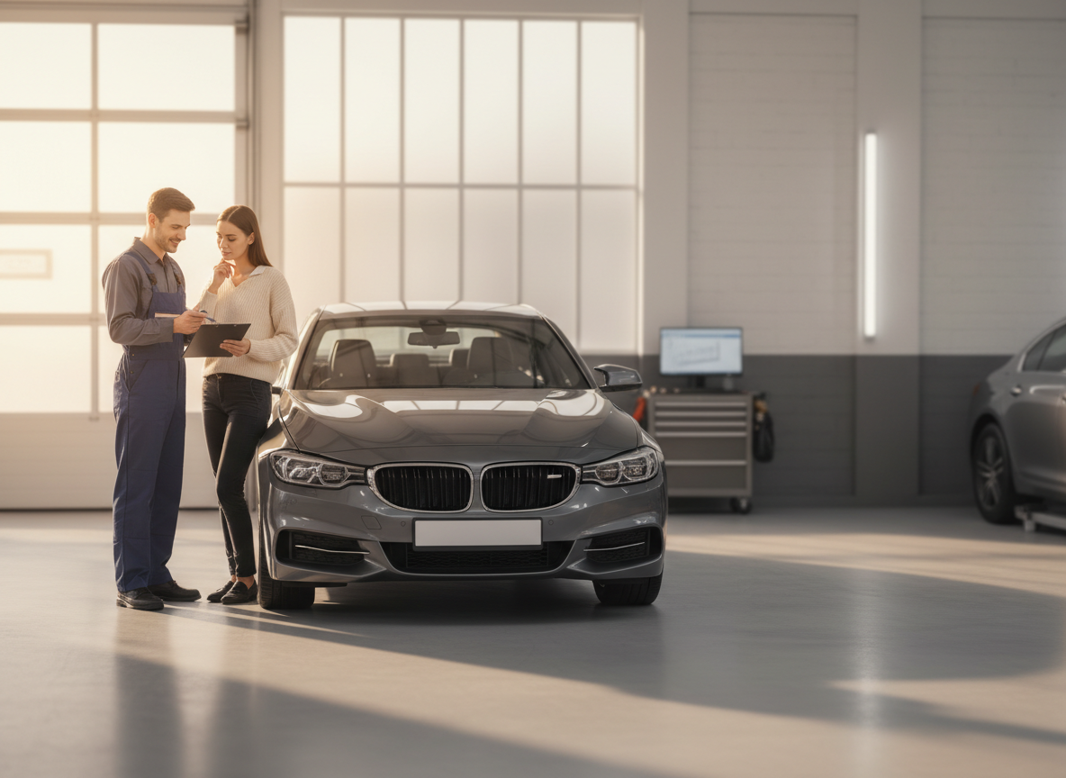Mechanic and a woman review a tablet beside a gray BMW in a well-lit auto repair shop.