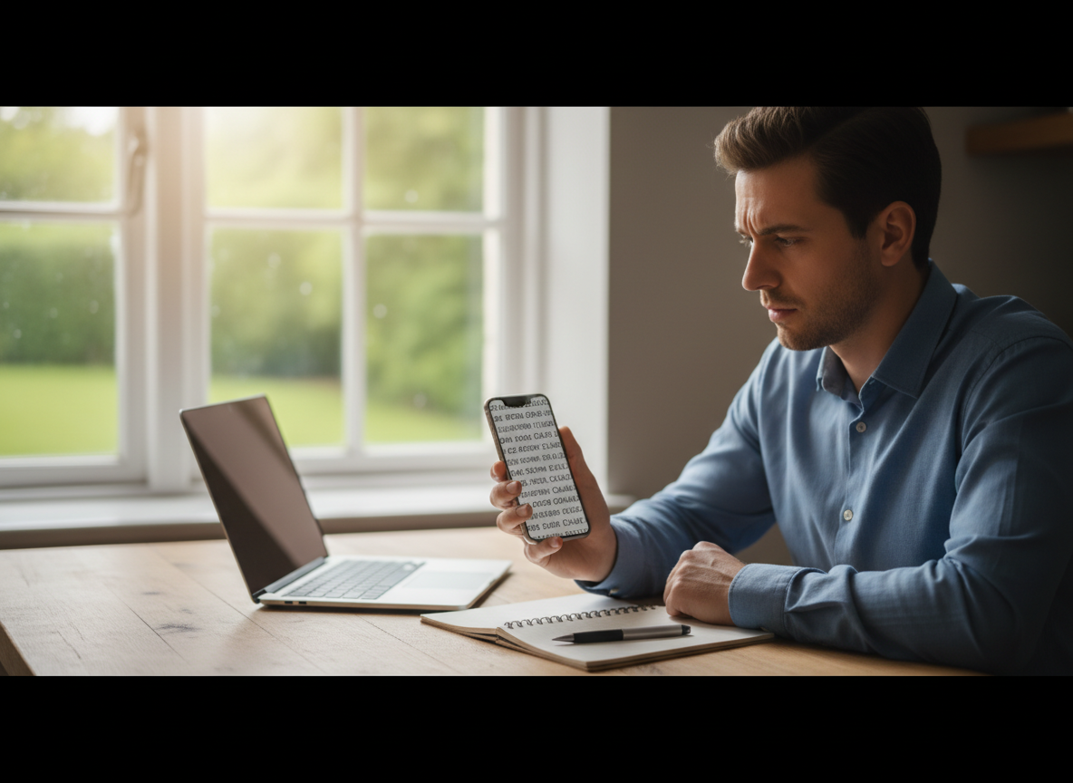 Man in a blue shirt sits at a wooden desk with a laptop and notebook, looking at his smartphone displaying blocky text.