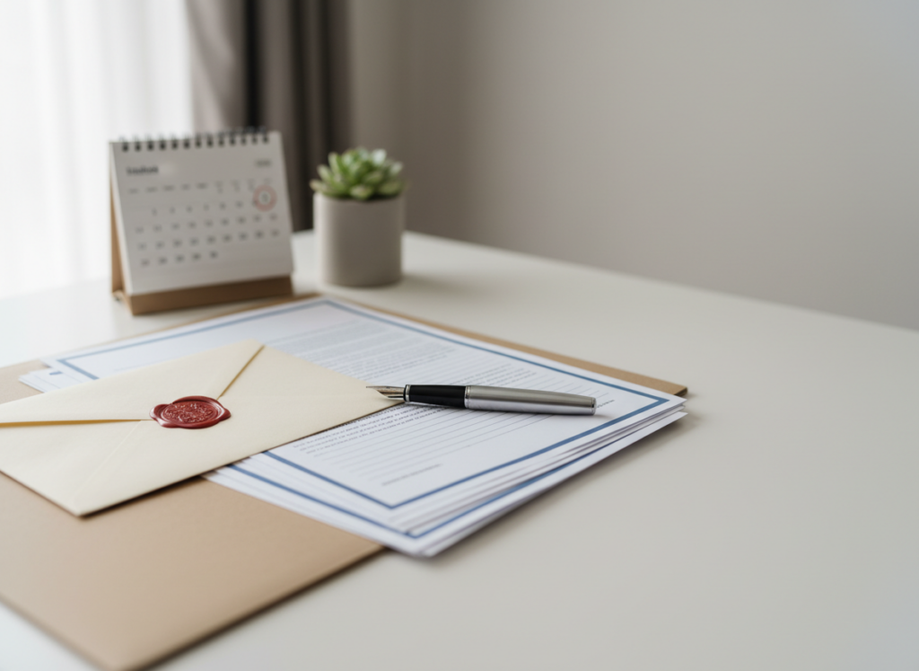 Desk with paperwork and a red-waxed sealed envelope, a silver pen, a calendar, and a small potted plant on a clean white surface.