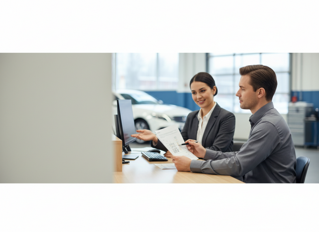 Two colleagues in a dealership office review documents at a shared desk with a computer, car showroom in the background